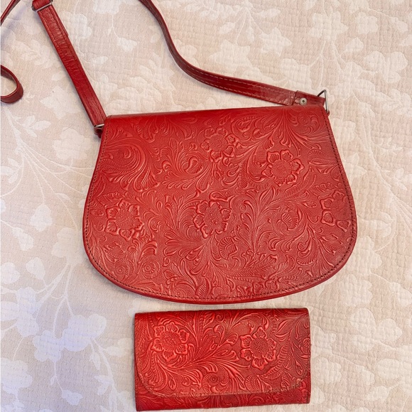 No brand Handbags - Red Embossed Leather Crossbody Bag and Wallet Set
